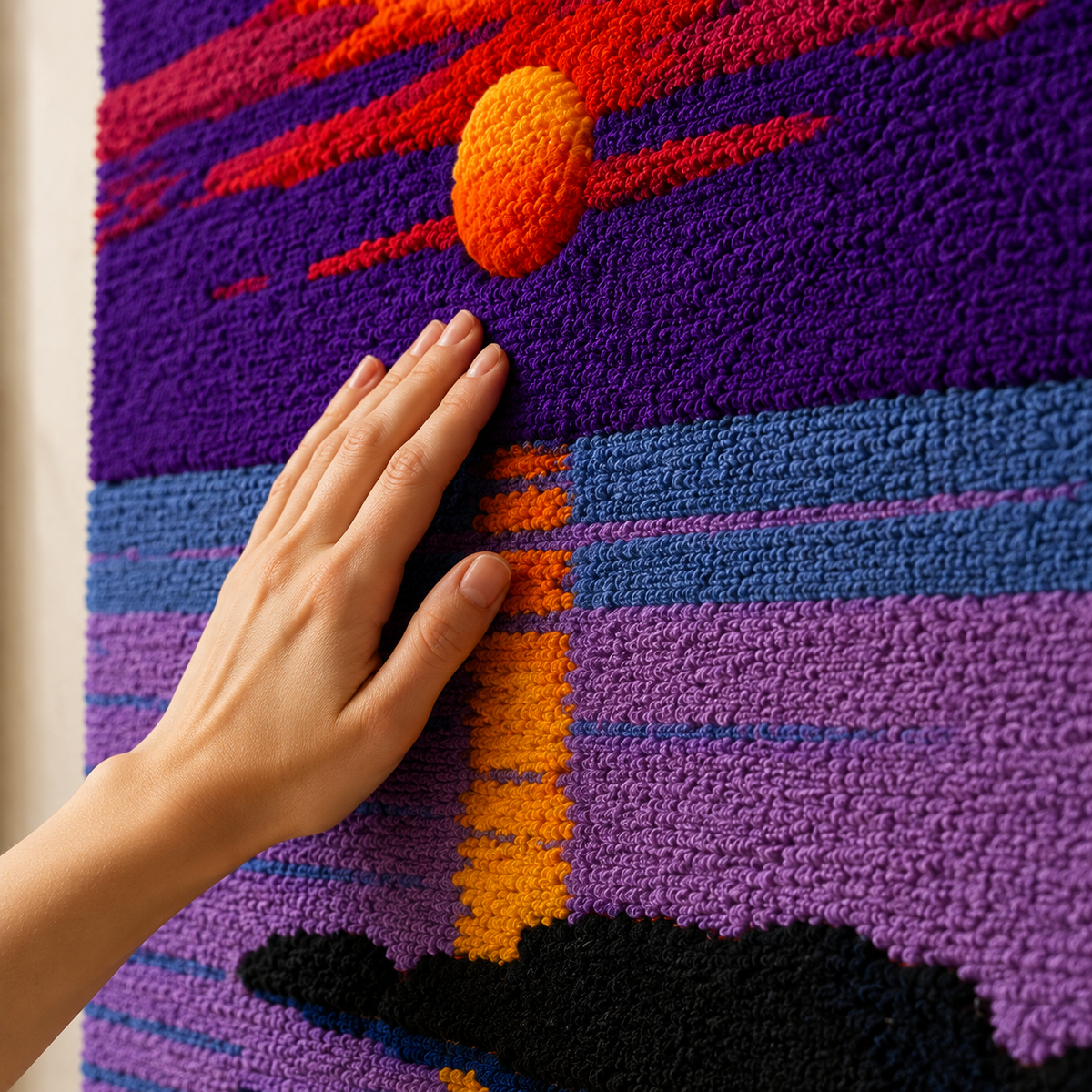 Violet Sunset wall art by Hewn Earth featuring a vibrant sunset scene with purple and orange tones on a canvas.