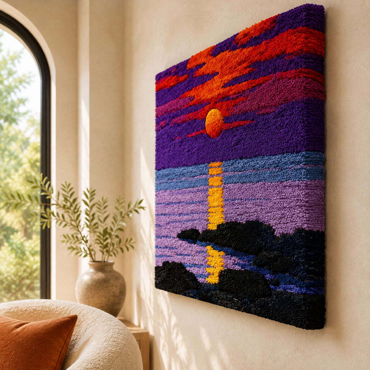 Violet Sunset wall art by Hewn Earth featuring a vibrant sunset scene with purple and orange hues, suitable for home decor.