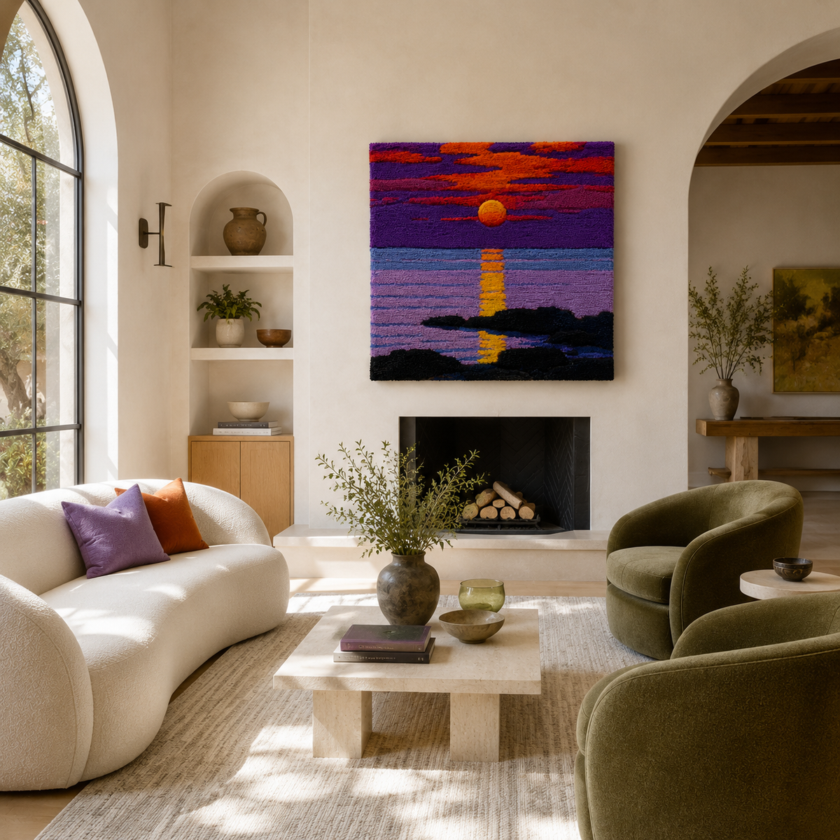 Violet Sunset wall art by Hewn Earth featuring a vibrant sunset scene with purple and orange hues on a canvas.