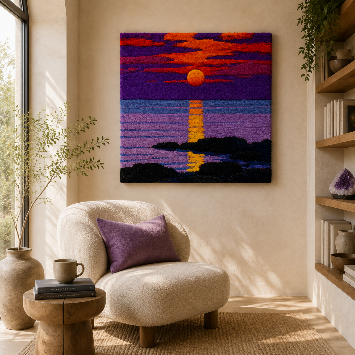 Violet Sunset wall art by Hewn Earth featuring a vibrant sunset scene with purple and orange hues on a textured canvas.