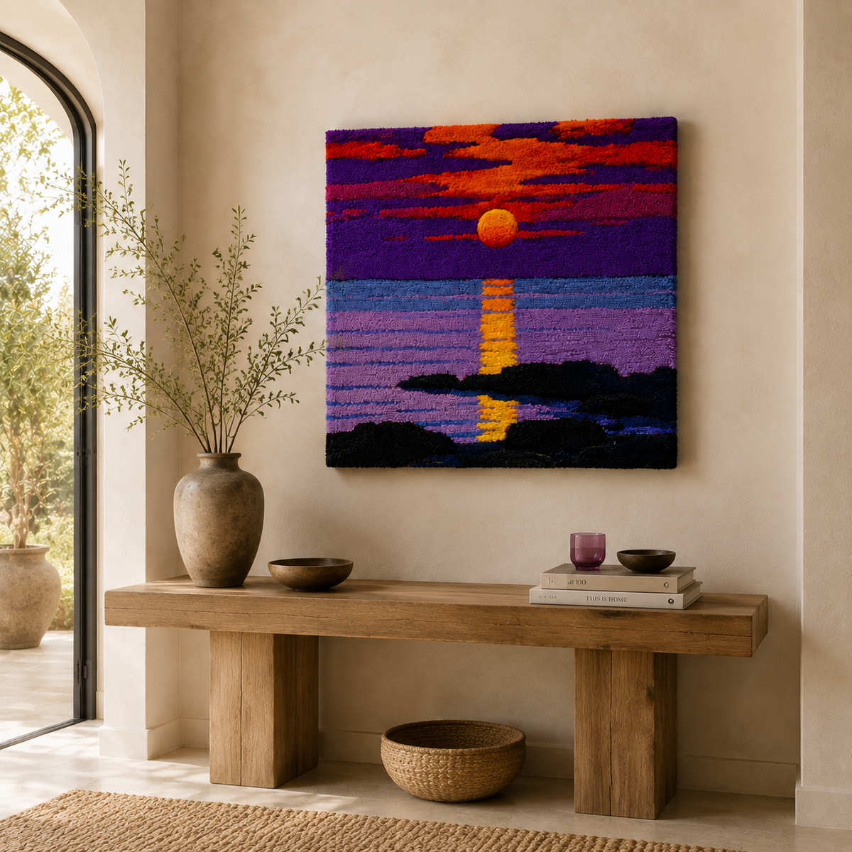 Violet Sunset wall art by Hewn Earth, featuring a vibrant sunset scene with purple and orange hues on a textured canvas.