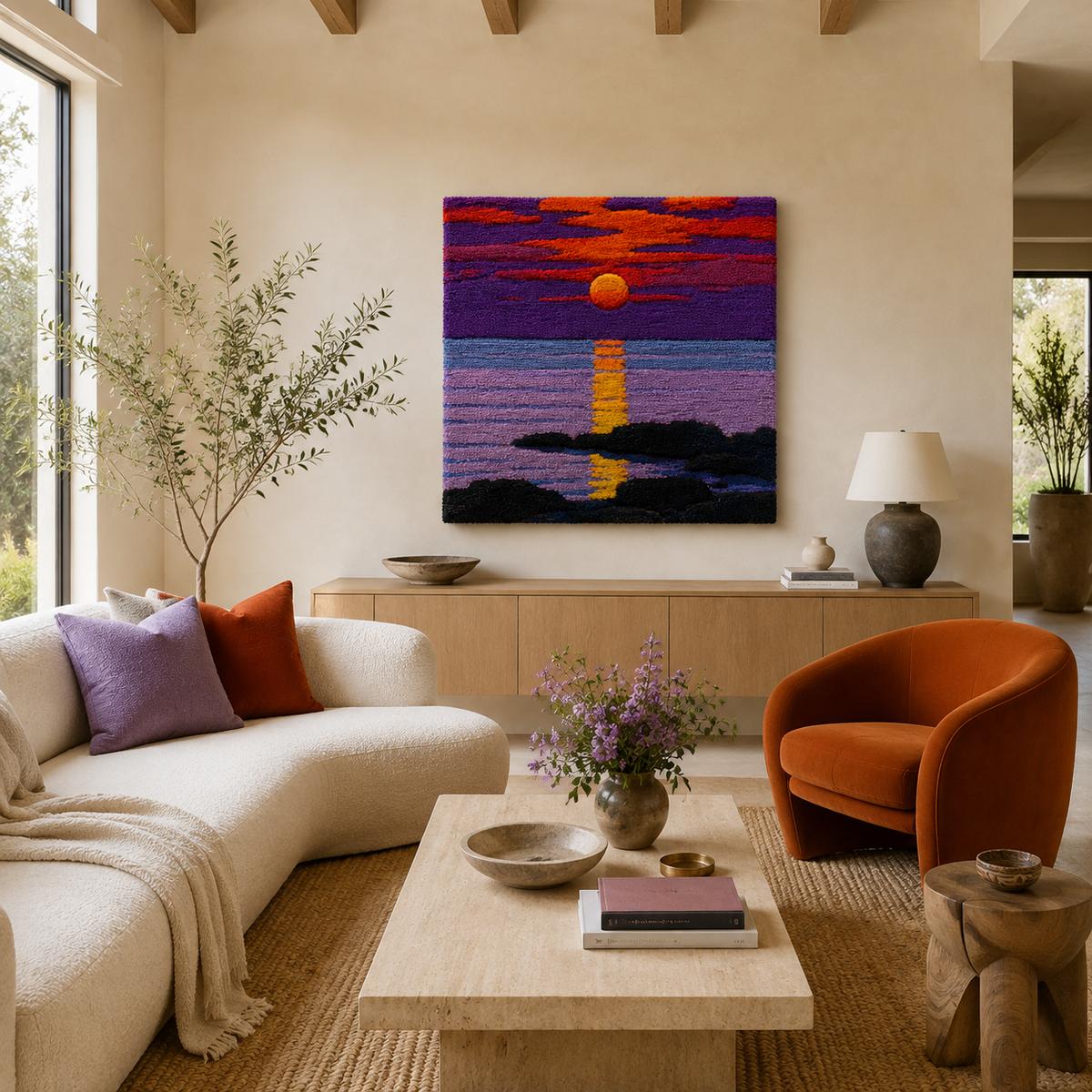 Violet Sunset wall art by Hewn Earth featuring a vibrant sunset scene with purple and orange hues on a canvas.
