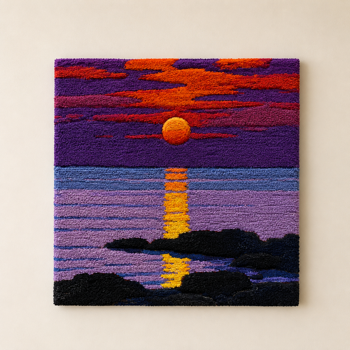 Violet Sunset wall art by Hewn Earth featuring a vibrant, abstract sunset scene with rich violet hues and warm tones.