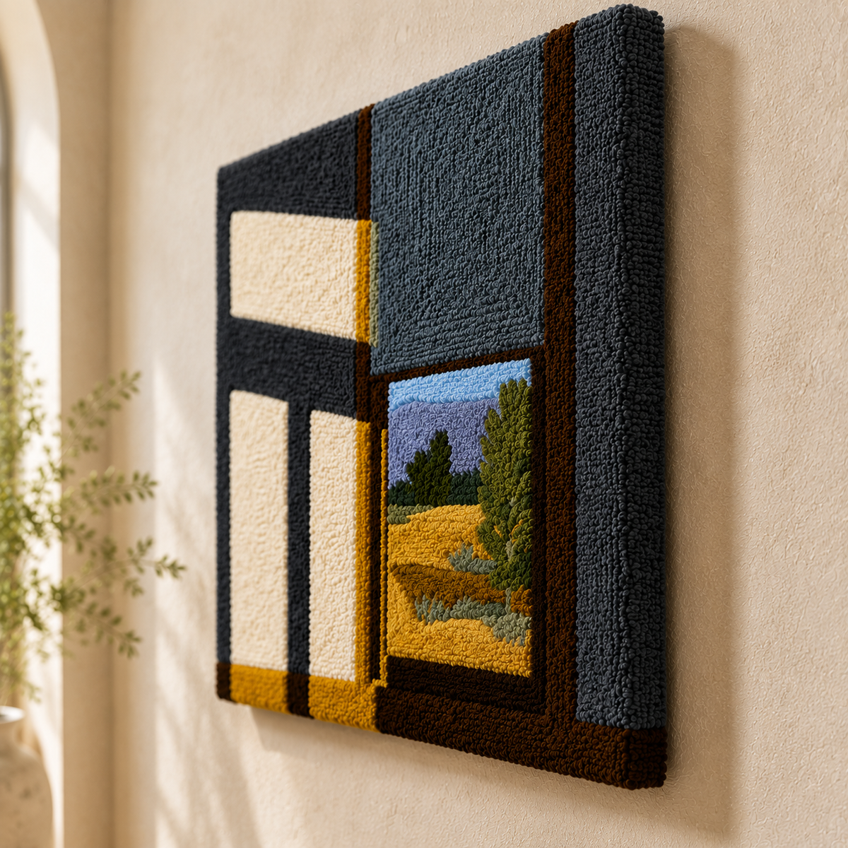 Hewn Earth open window wall art piece with natural wood frame and textured glass, showcasing a rustic, artistic design.
