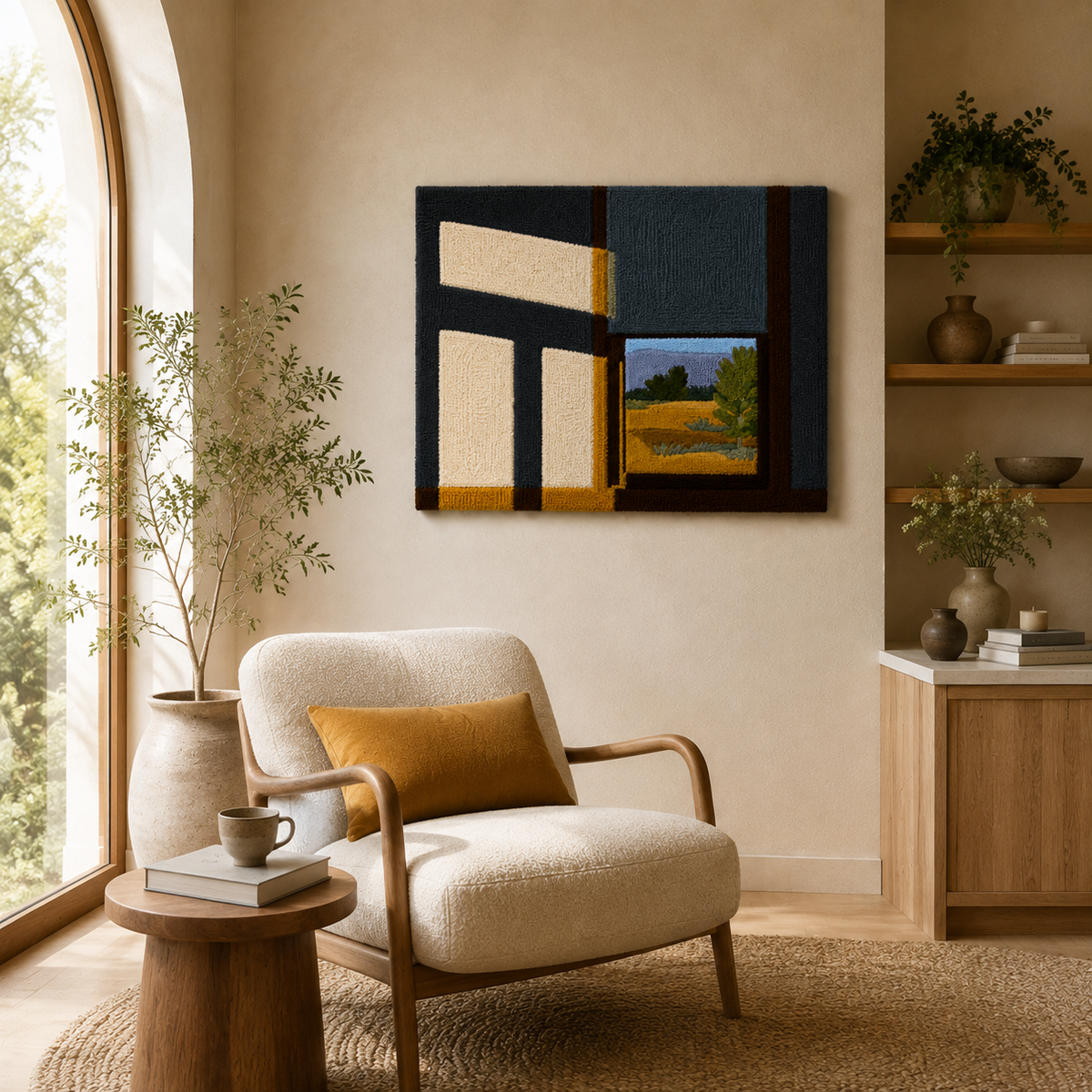 Hewn Earth open window wall art, modern landscape scene featuring a minimalist design and natural earthy tones.