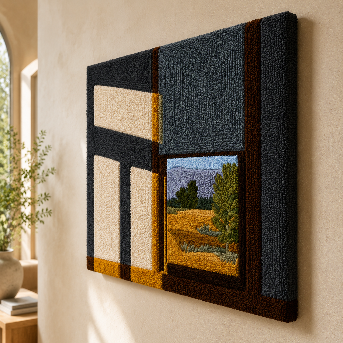 Hewn Earth Open Window wall art featuring a rustic, textured wooden frame and a scenic view of a bright, open window scene.