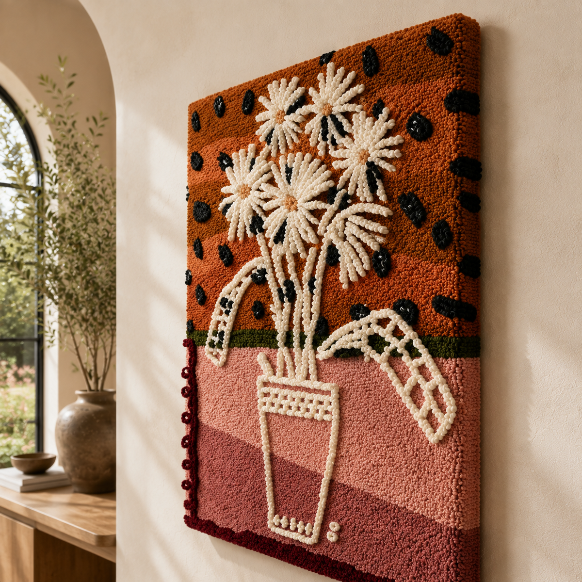 Hewn Earth Naive Daisies wall art in a vase, featuring colorful daisy illustrations on a neutral background.