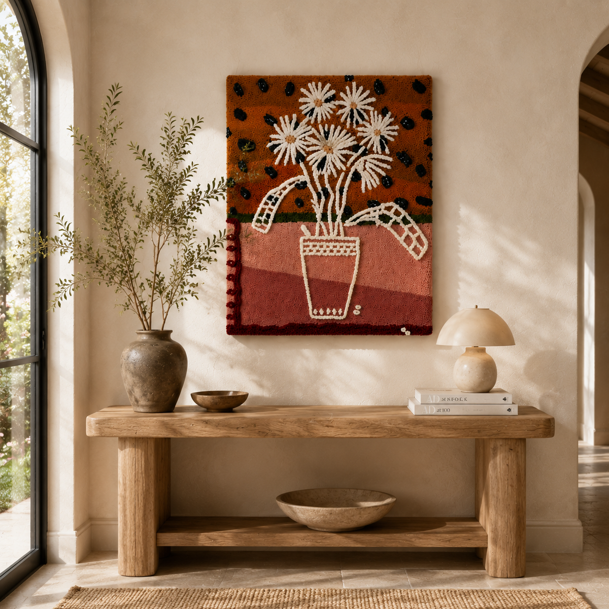 Hewn Earth Naive Daisies wall art in a vase, featuring a colorful, whimsical flower design on a neutral background for home decor.