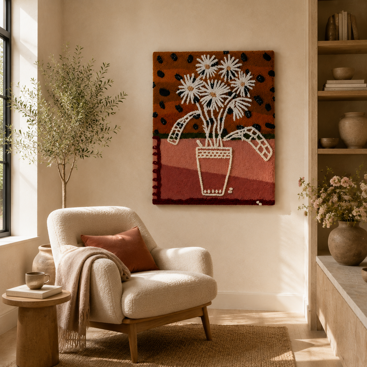 Hewn Earth Naive Daisies wall art in a vase, featuring colorful, simple floral design on a white background.