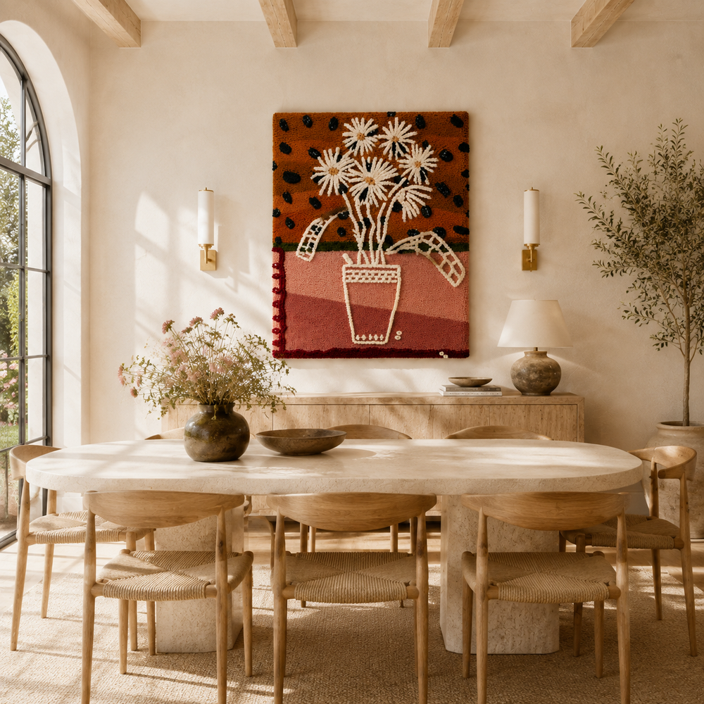 Hewn Earth wall art featuring a vase of naive daisies with simple, delicate floral design on a neutral background.