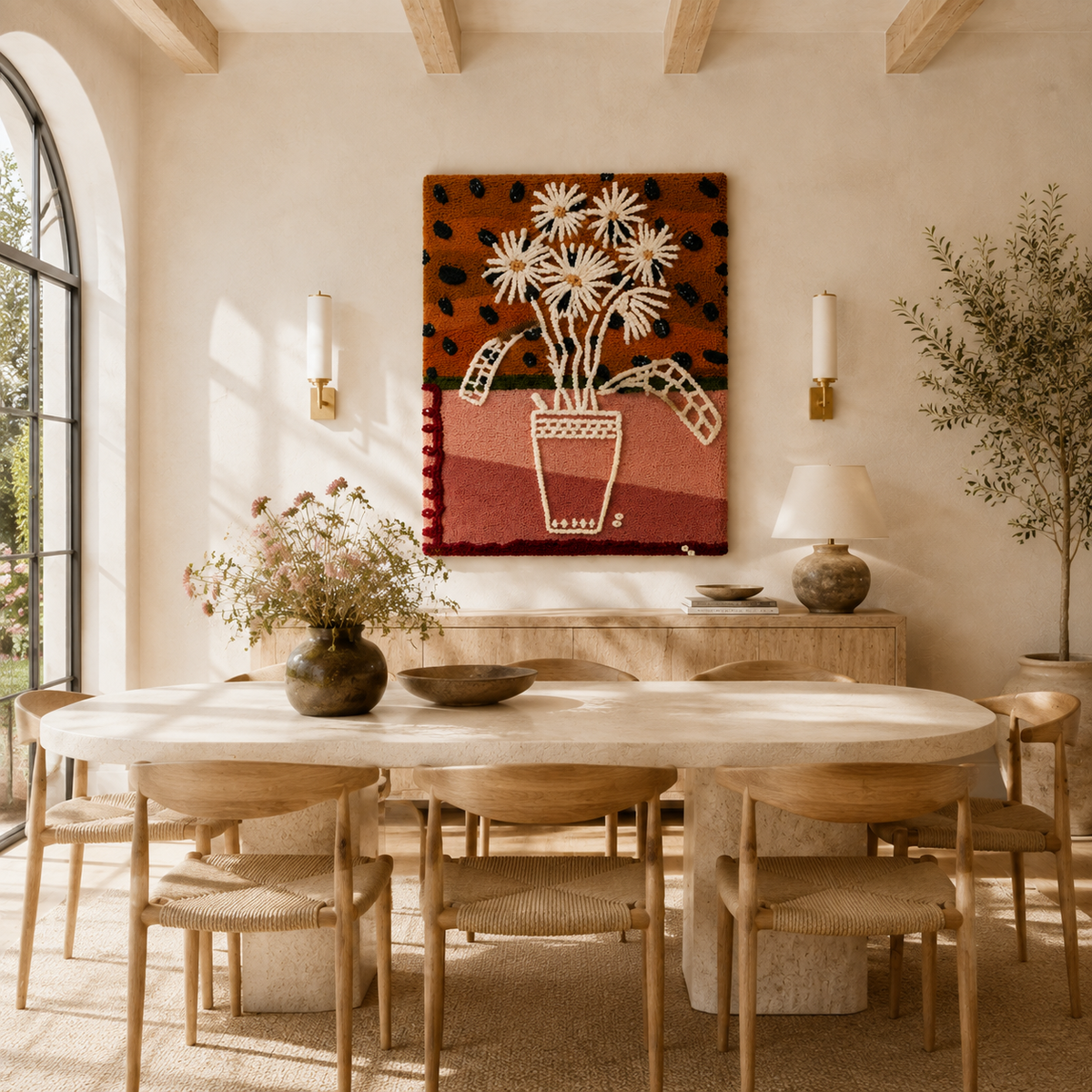Hewn Earth wall art featuring a vase of naive daisies with simple, delicate floral design on a neutral background.
