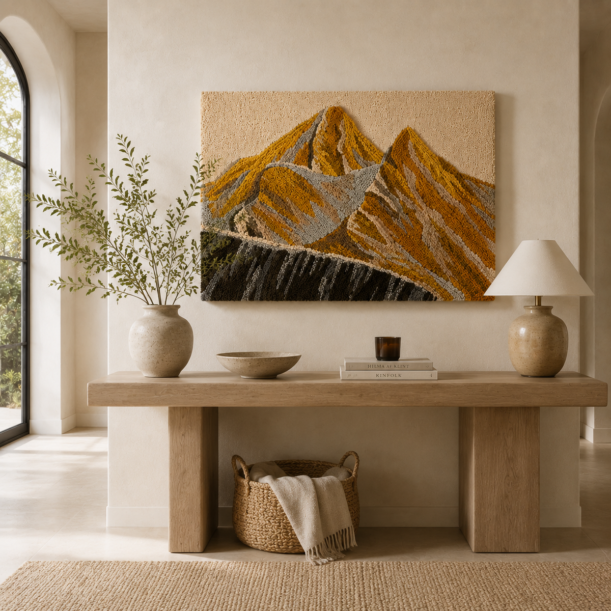 Hewn Earth Gilded Peaks HE-0197 wall art featuring abstract mountain design in gold and neutral tones.