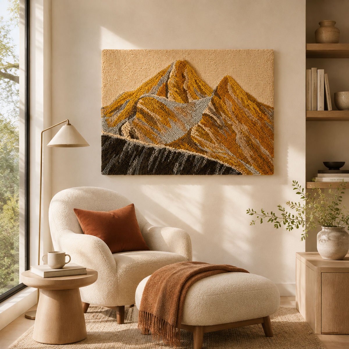 Hewn Earth Gilded Peaks HE-0197 wall art featuring abstract mountain design in gold tones on a neutral background.