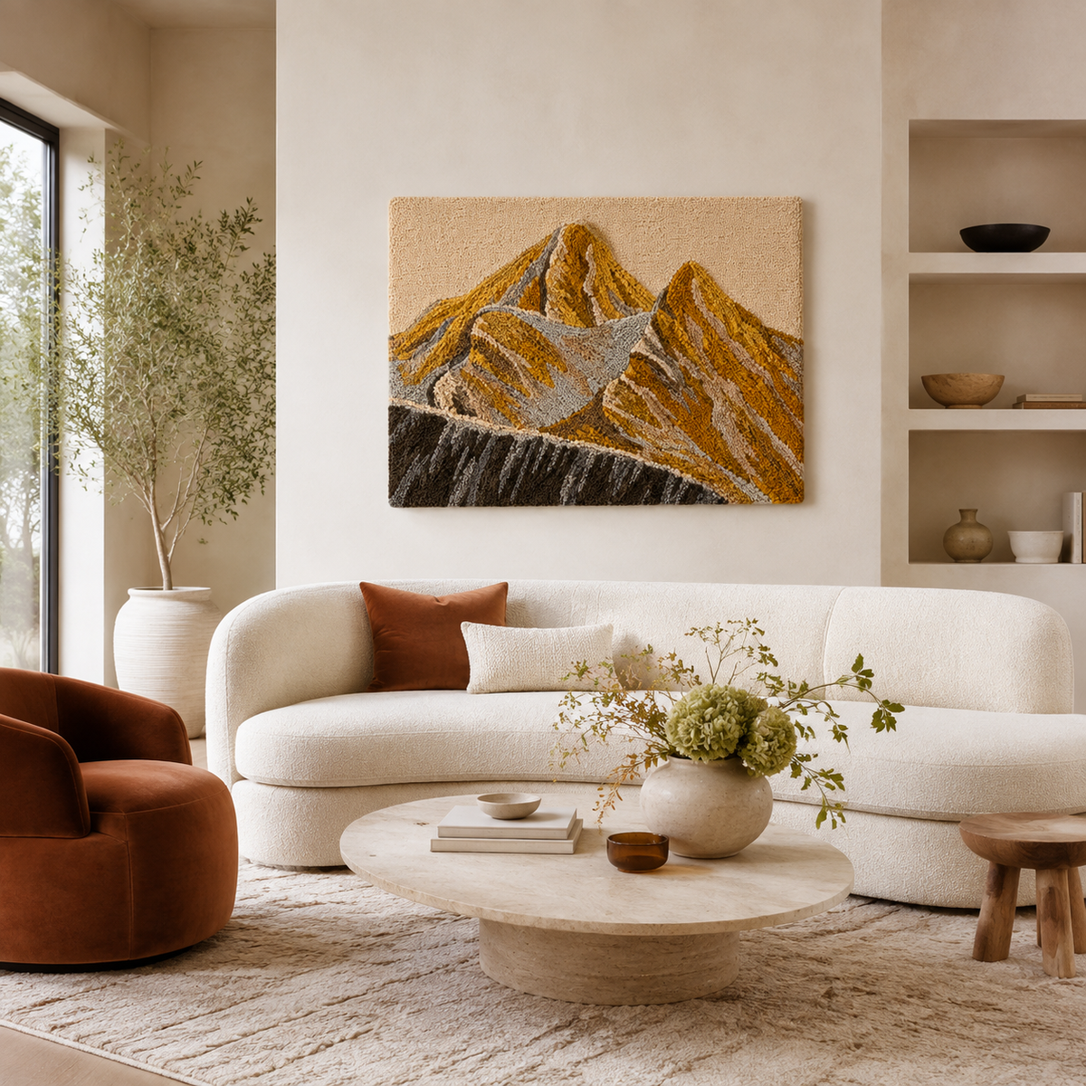 Hewn Earth Gilded Peaks wall art, abstract landscape painting with gold accents, modern decor for living room or office space