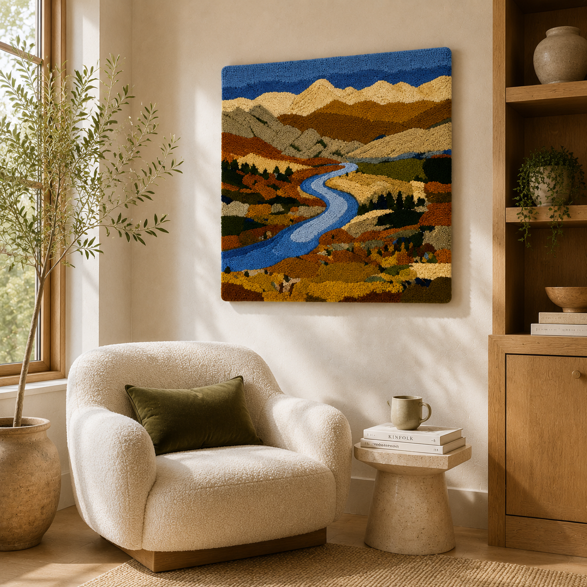 Hewn Earth Autumn Valley River wall art featuring a scenic river landscape with autumn foliage, perfect for nature-inspired decor.