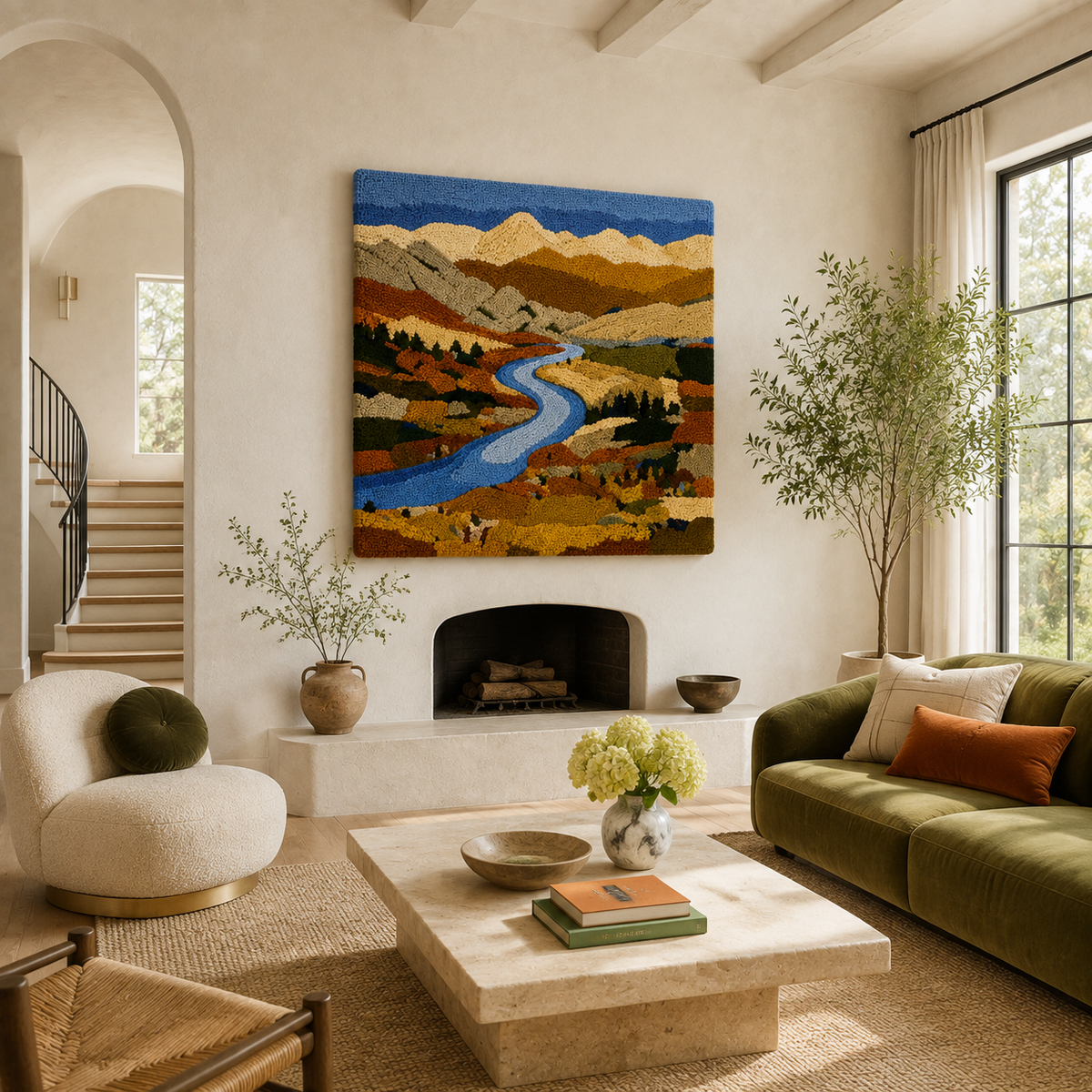 Autumn Valley River wall art by Hewn Earth, featuring a scenic landscape with river and fall foliage in warm tones.