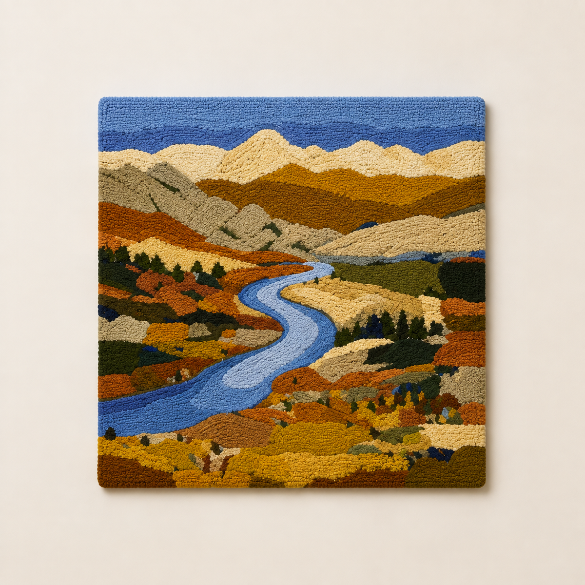 Hewn Earth Autumn Valley River wall art featuring a scenic river landscape with trees and autumn colors, designed for home decor.