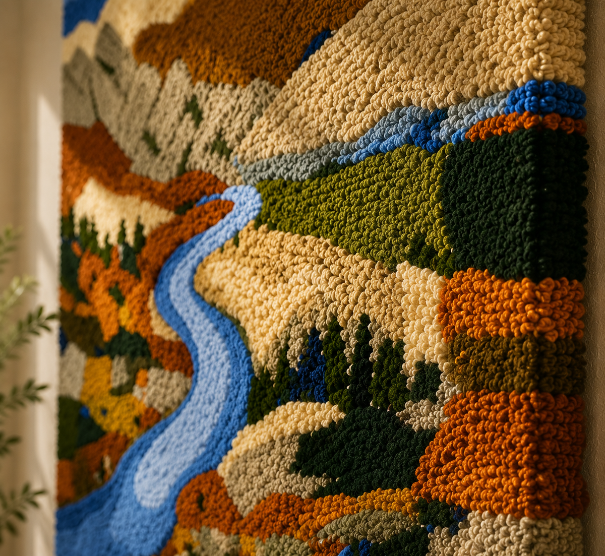 Autumn Valley River wall art by Hewn Earth, scenic landscape painting featuring river and fall foliage, for home decor.