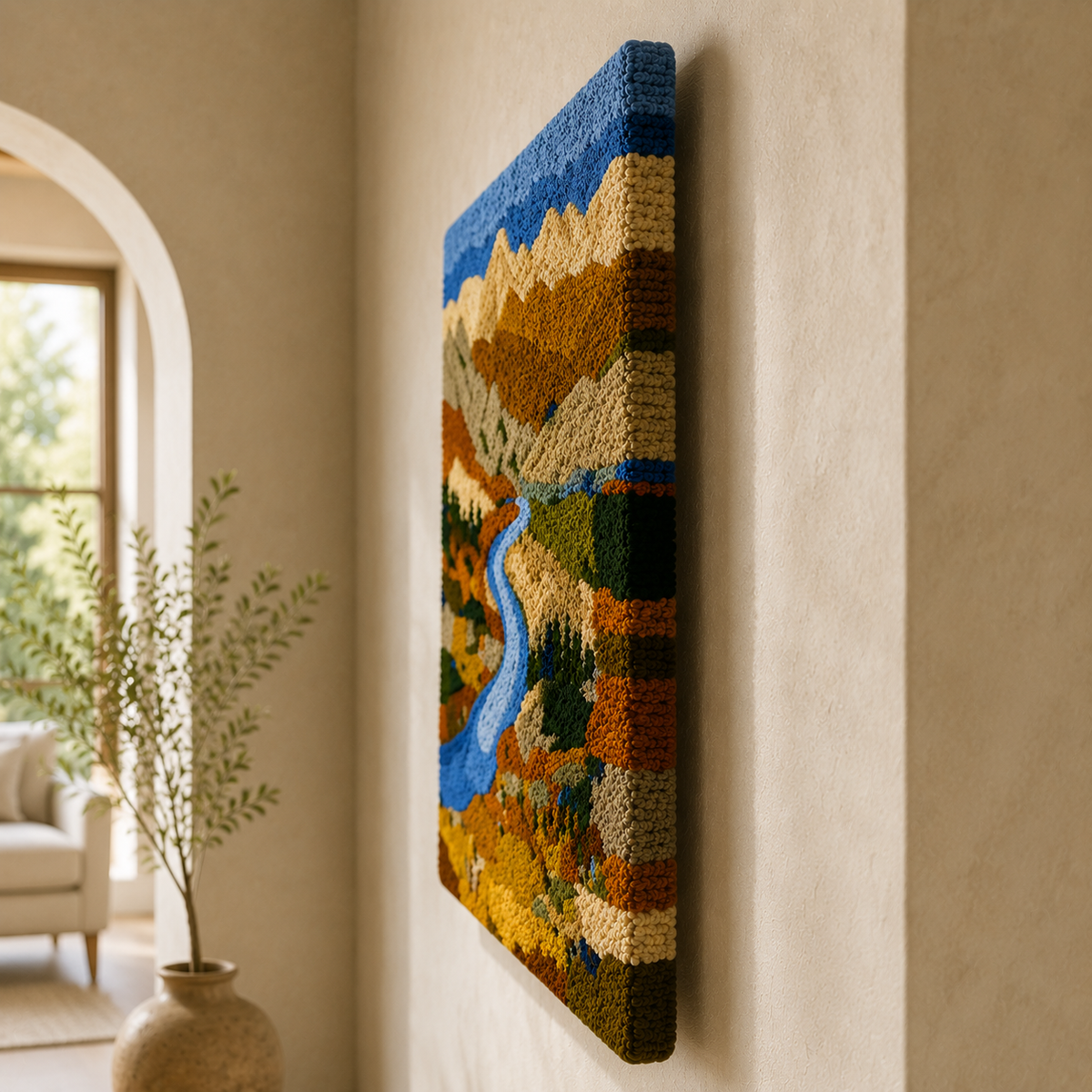 Autumn Valley River wall art by Hewn Earth featuring a scenic river landscape with vibrant fall foliage.