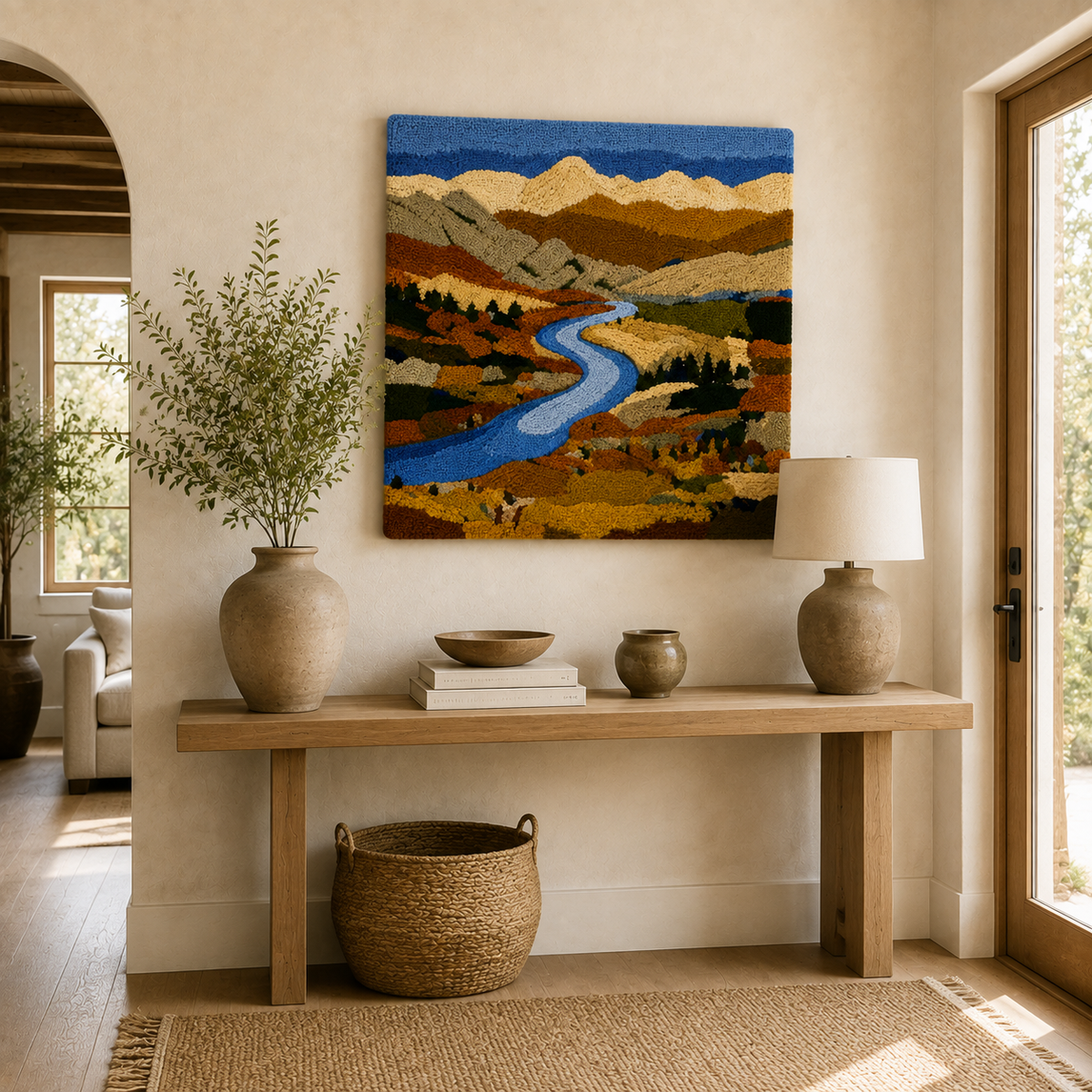 Autumn Valley River wall art by Hewn Earth, featuring a scenic landscape with river and trees in warm autumn tones.