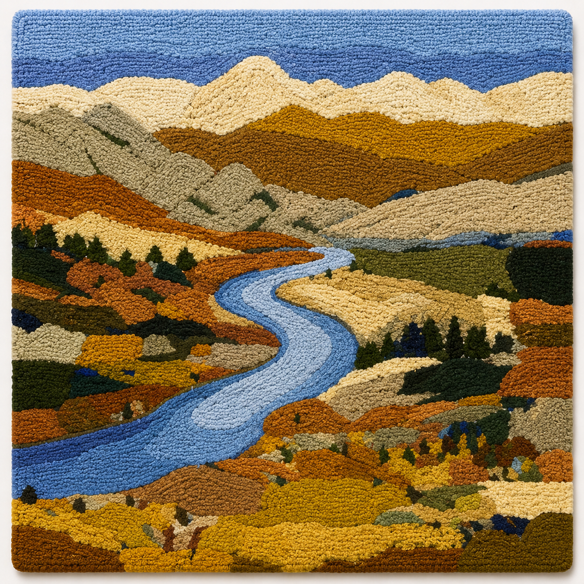 Hewn Earth Autumn Valley River wall art featuring a serene landscape scene with flowing river and autumn trees.