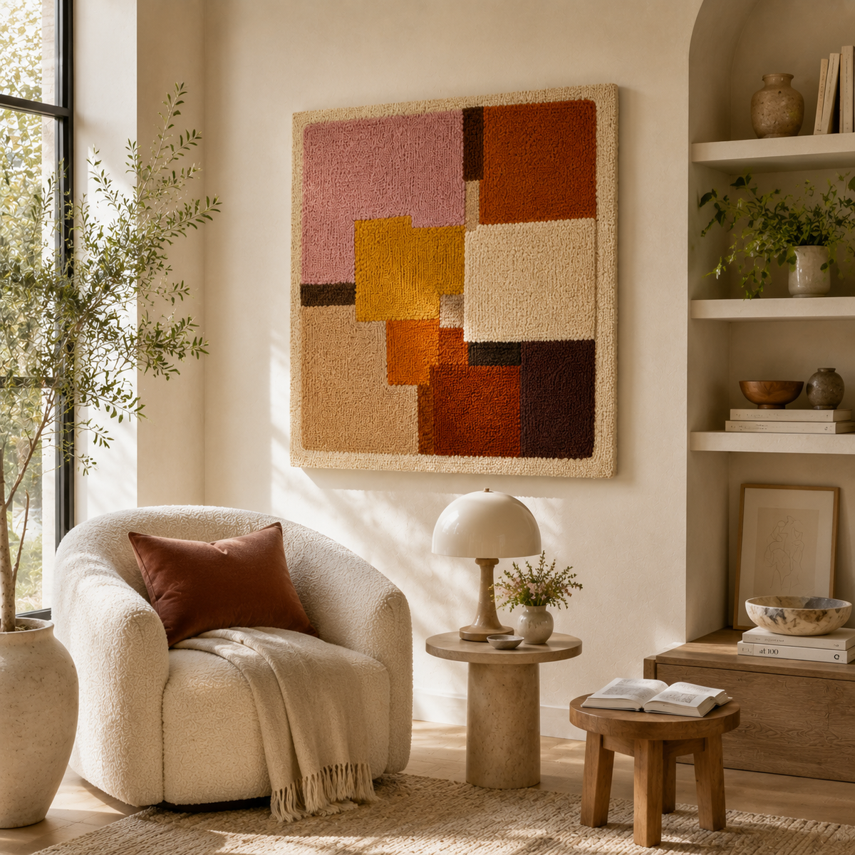 Hewn Earth Blush Bauhaus wall art featuring geometric shapes in soft blush tones on a neutral background.