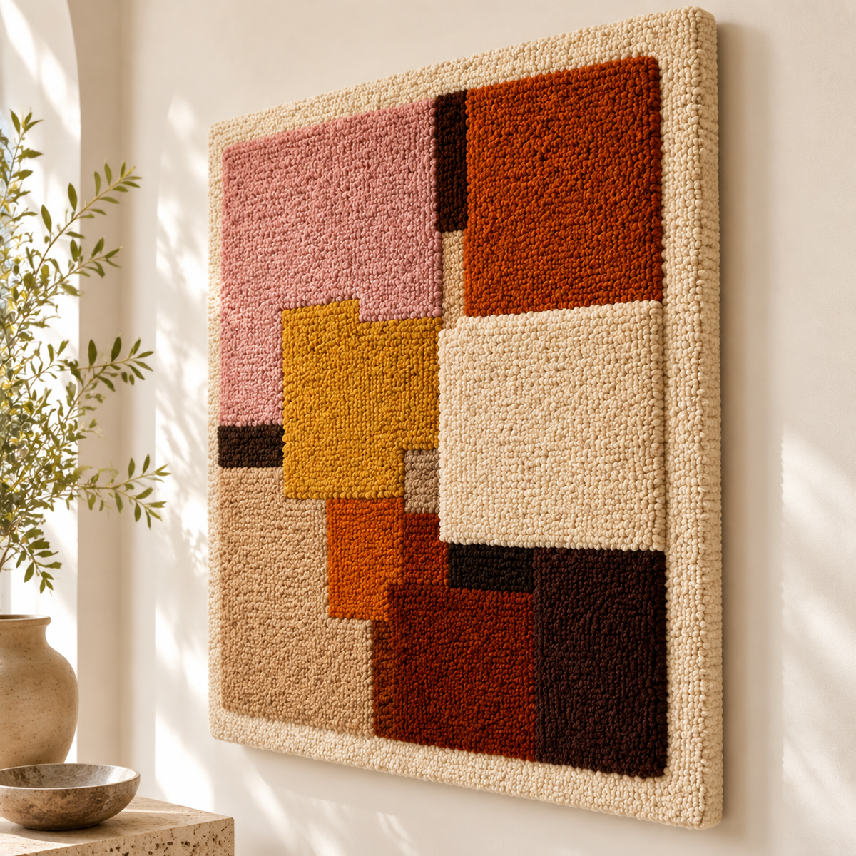 Hewn Earth Blush Bauhaus wall art, geometric abstract design in soft pinks and neutrals for modern interior decor.