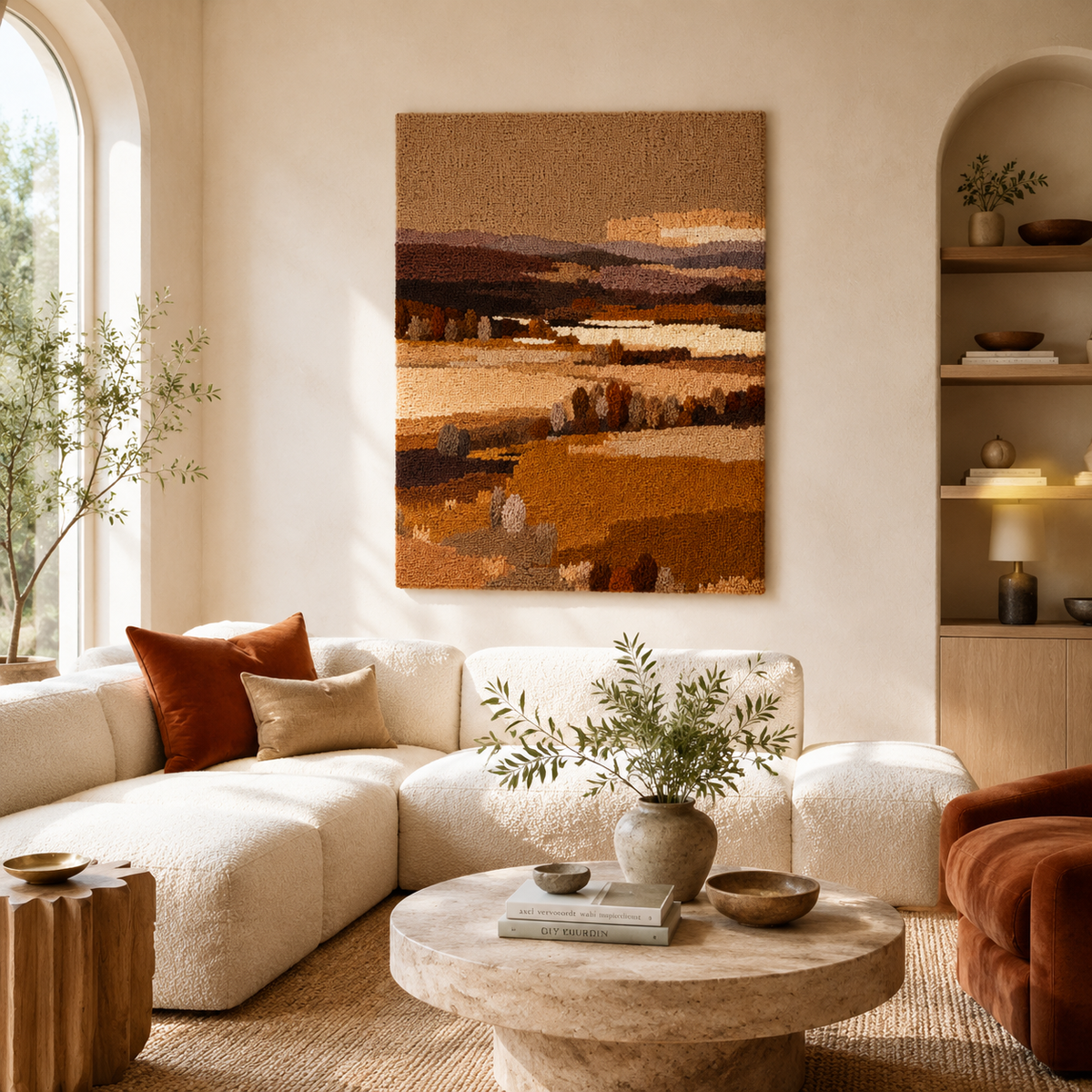 Rust Highlands wall art by Hewn Earth featuring textured rust-colored abstract landscape artwork displayed on a wall.