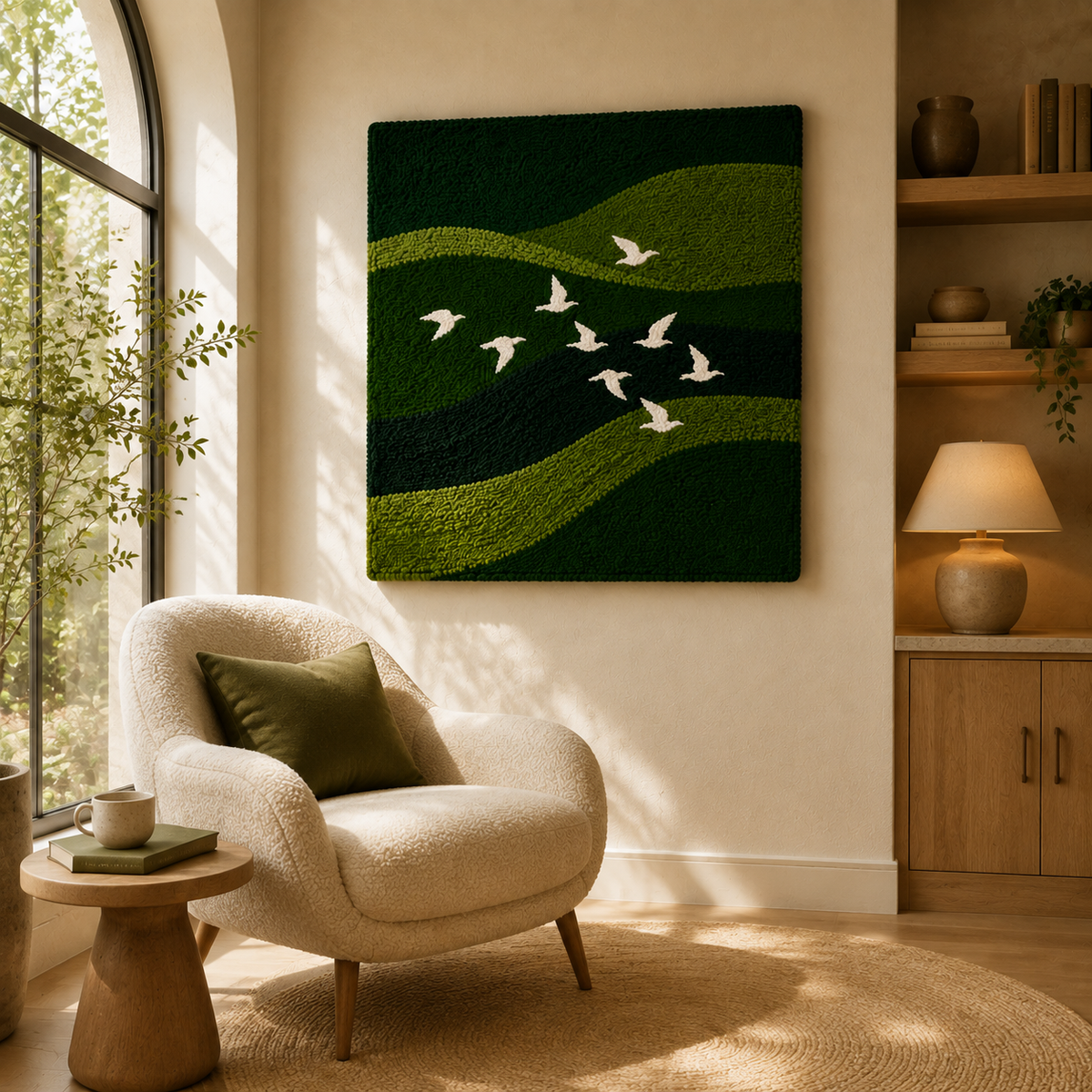 White dove wall art by Hewn Earth featuring two doves in flight on a neutral background.