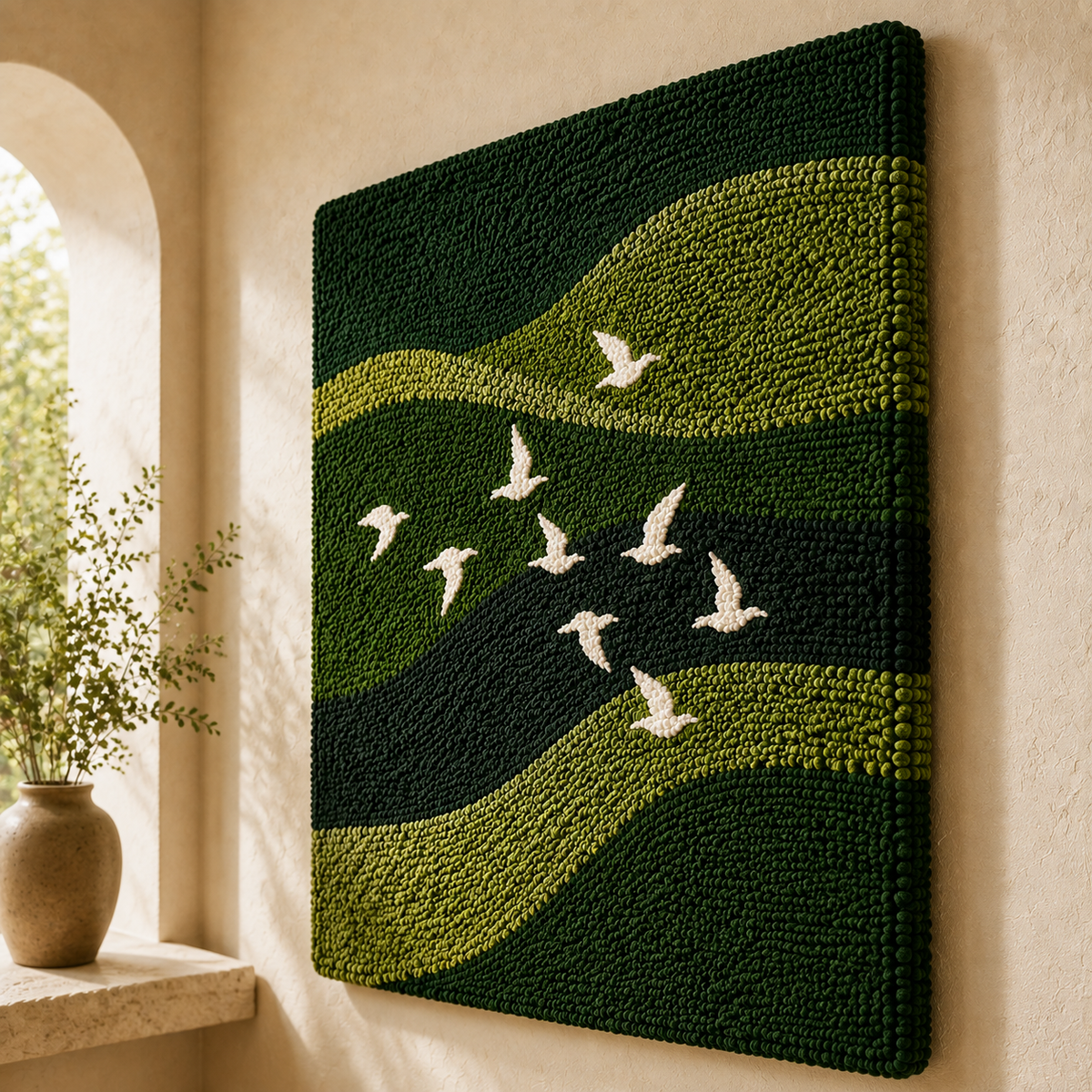 White dove wall art by Hewn Earth featuring two doves in flight on a neutral background.