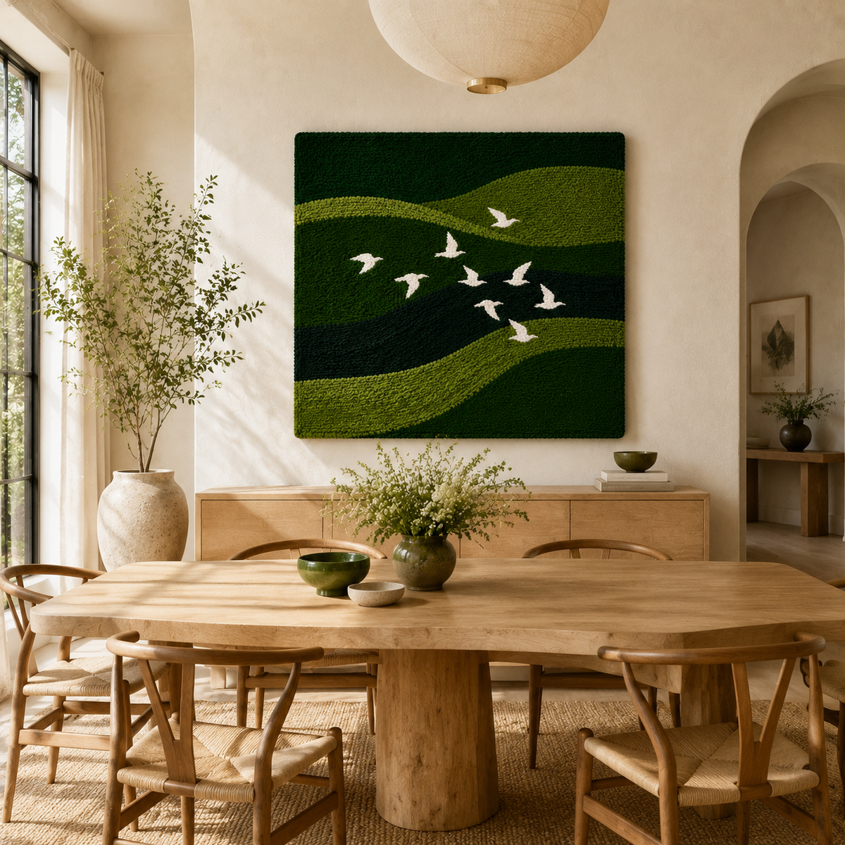 White dove wall art by Hewn Earth featuring two doves perched on a branch, suitable for home decor or art displays.