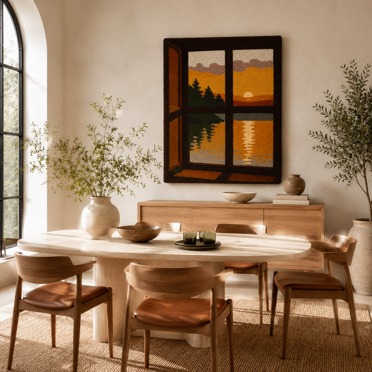 Hewn Earth Cabin Window Sunset wall art featuring a warm sunset view through a rustic cabin window, vibrant and peaceful scene.