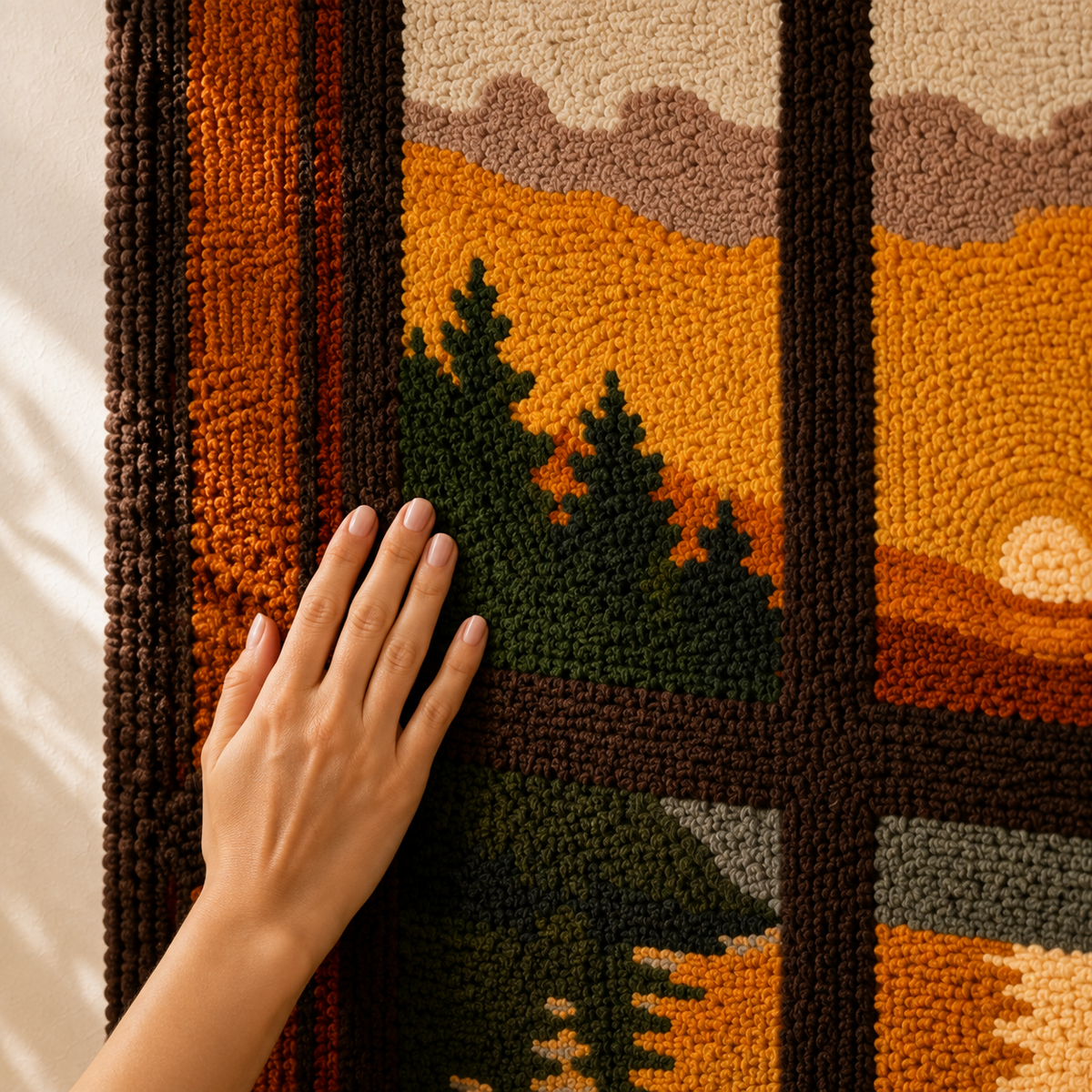 Hewn Earth Cabin Window Sunset wall art featuring a scenic sunset view through a cabin window, vibrant and detailed illustration.