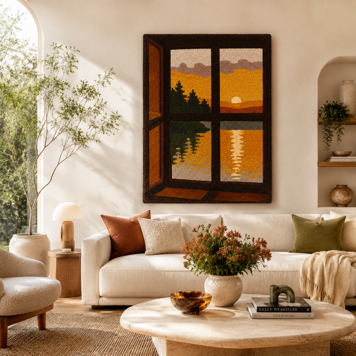 Hewn Earth Cabin Window Sunset wall art featuring a scenic sunset view through a rustic cabin window.