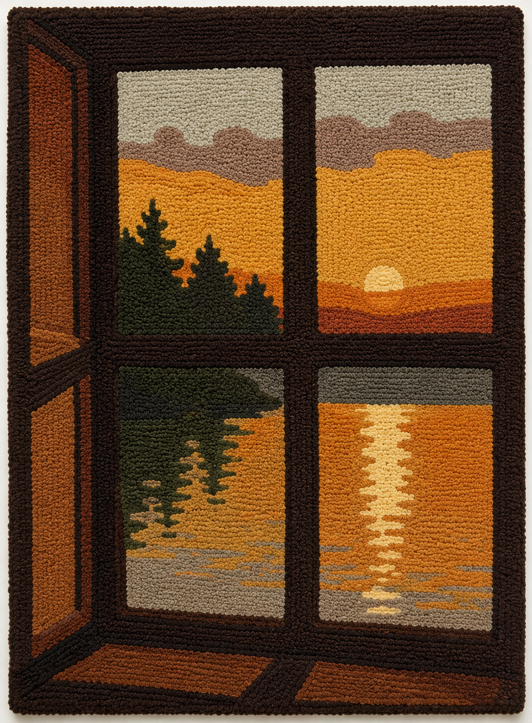 Hewn Earth Cabin Window Sunset wall art featuring a scenic sunset view through a rustic cabin window illustration.