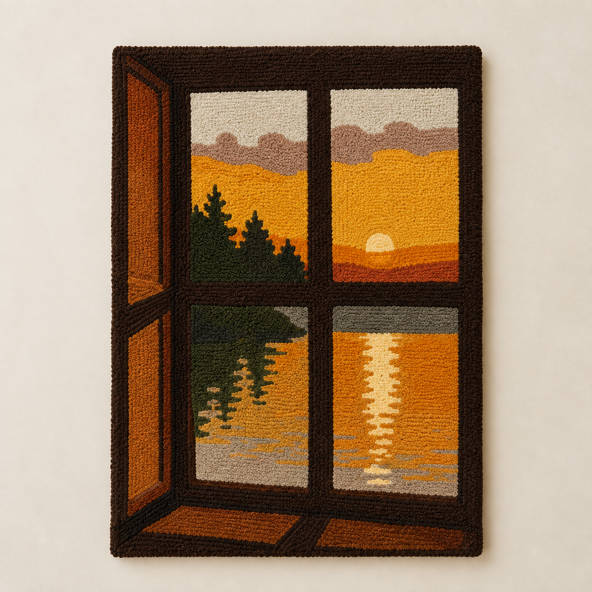 Hewn Earth Cabin Window Sunset wall art featuring a scenic sunset view through a cabin window, perfect for cozy home decor.