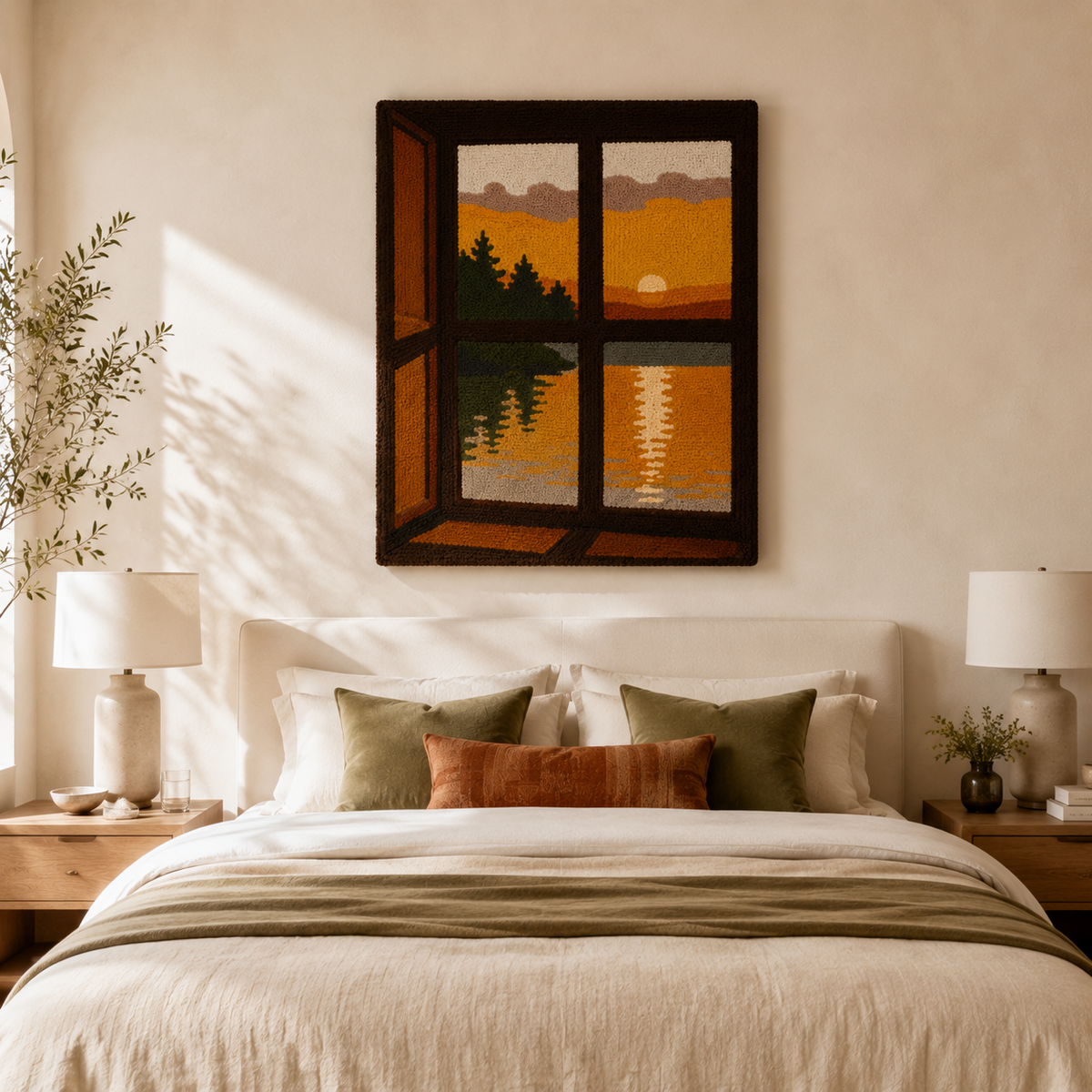 Hewn Earth Cabin Window Sunset wall art showing a scenic sunset view through a rustic cabin window.