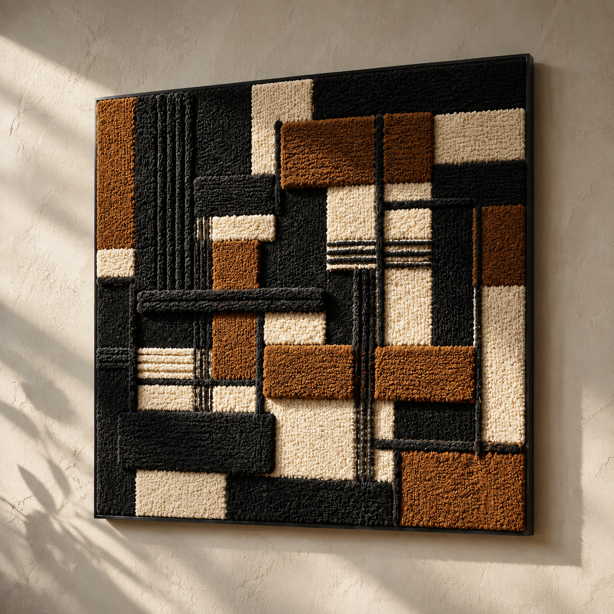 Hewn Earth Mondrian Composition wall art featuring geometric abstract shapes in bold colors for modern home decor.
