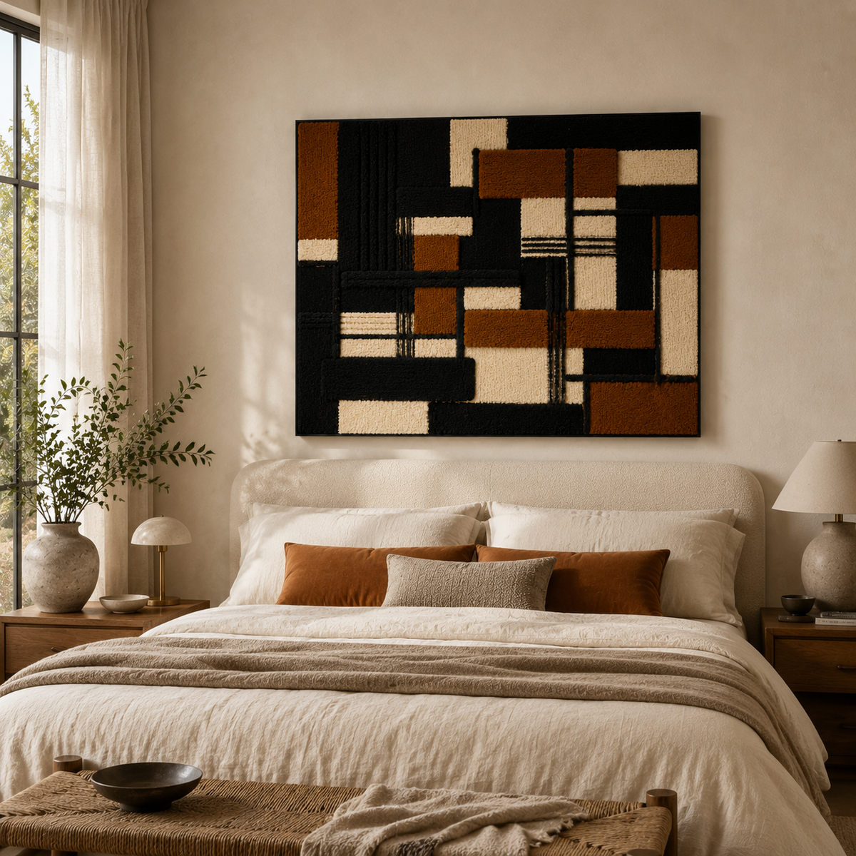 Hewn Earth Mondrian Composition HE-0205 wall art featuring colorful geometric shapes on a white background.