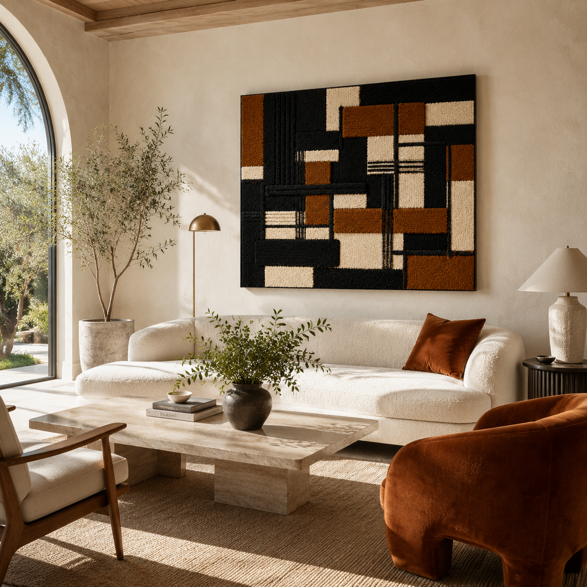 Colorful Mondrian-style wall art by Hewn Earth, featuring geometric shapes and bold primary colors on a canvas.