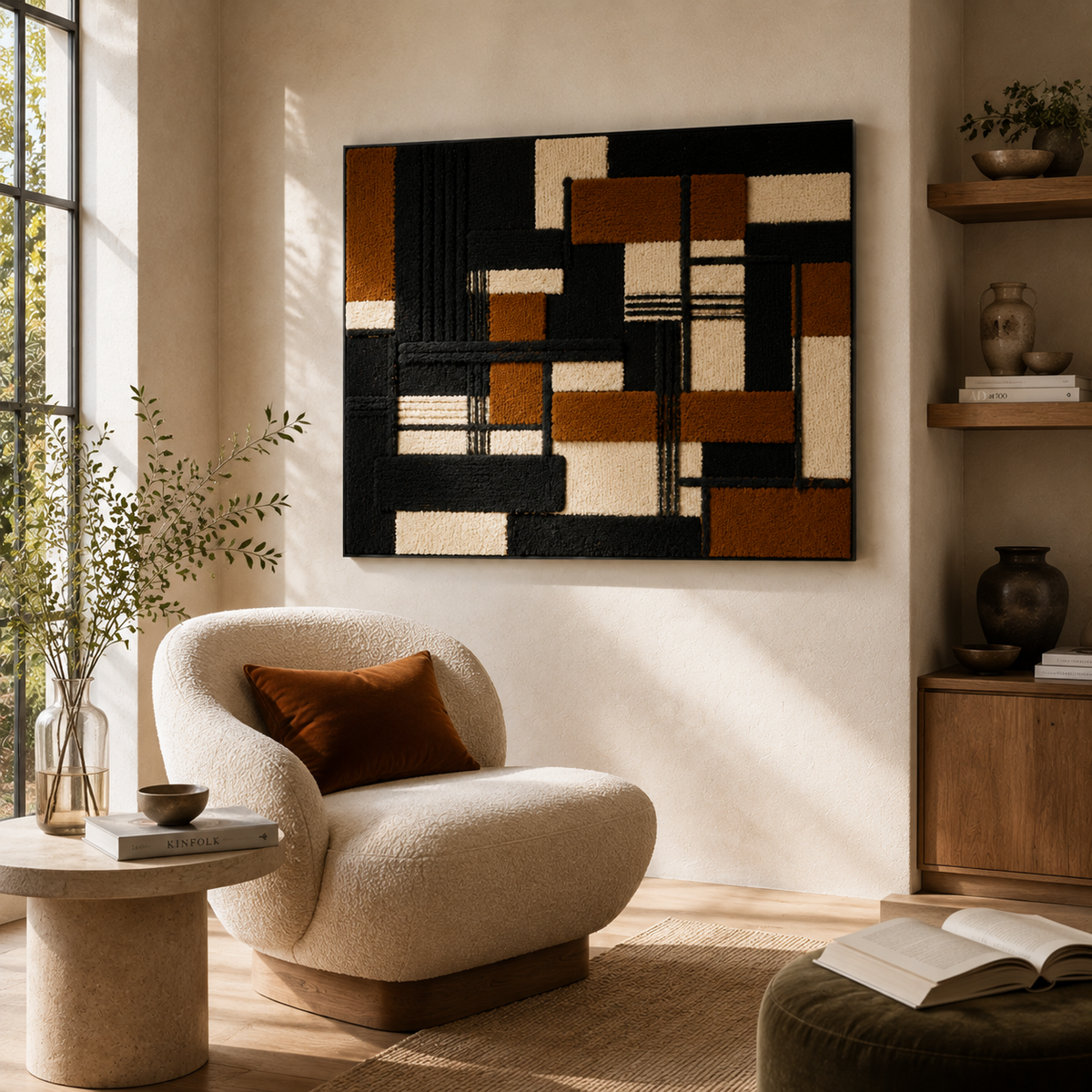 Hewn Earth Mondrian Composition HE-0205 wall art featuring colorful geometric abstract design on a canvas or print.