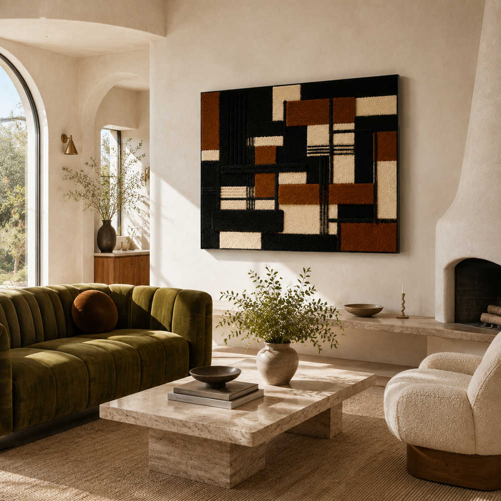 Hewn Earth Mondrian Composition HE-0205 wall art featuring bold geometric shapes and vibrant colors on a canvas.