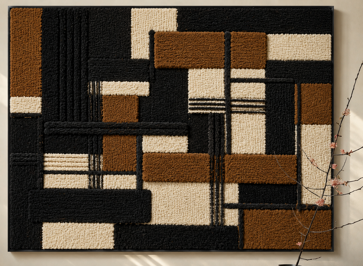 Abstract Mondrian-inspired wall art by Hewn Earth featuring bold geometric shapes and vibrant primary colors.