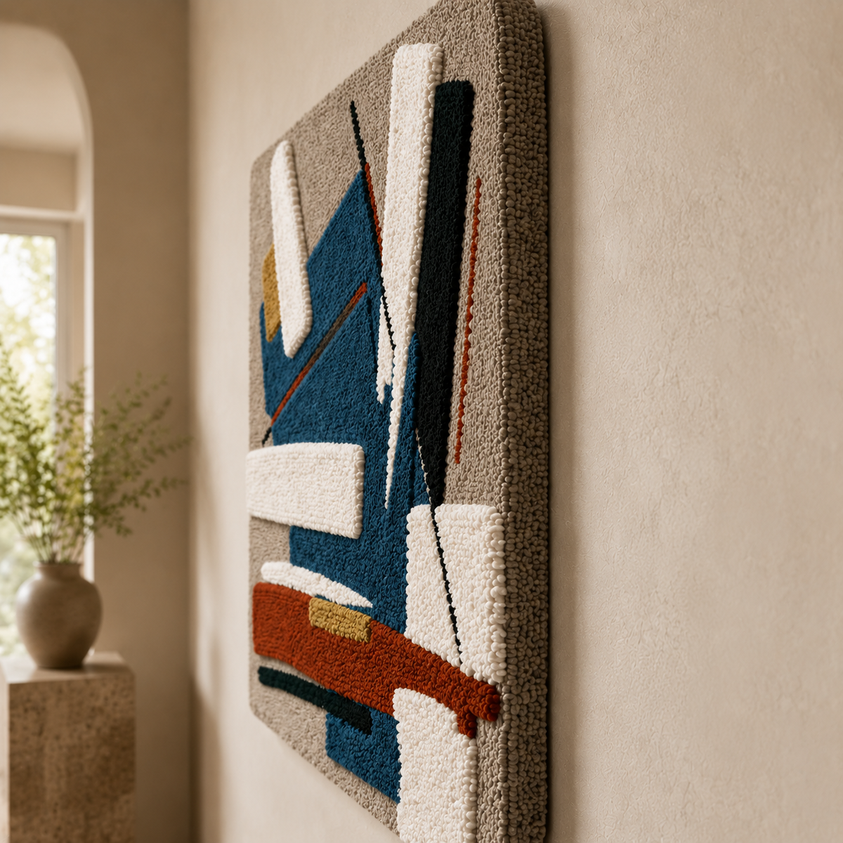 Blue Cipher Composition wall art by Hewn Earth featuring abstract blue and white geometric designs on canvas.