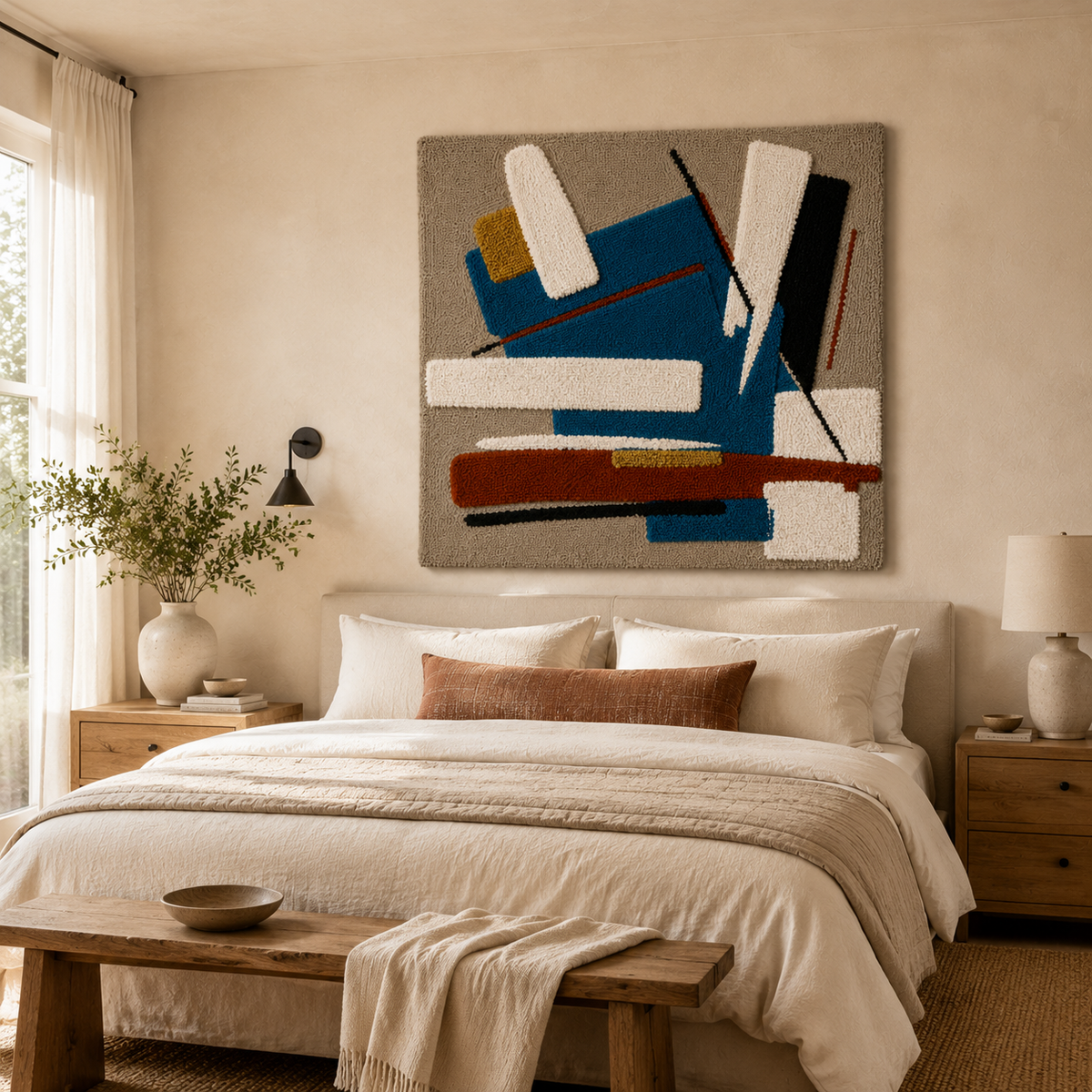 Blue Cipher Composition wall art by Hewn Earth featuring abstract blue and white geometric patterns on a textured canvas.