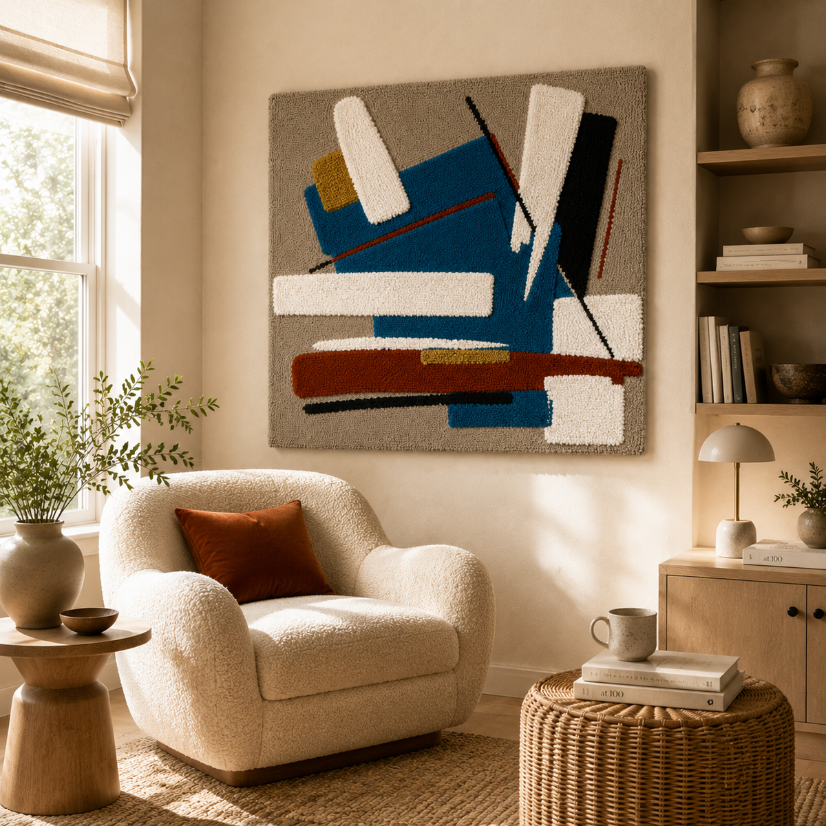 Blue Cipher Composition wall art by Hewn Earth featuring abstract blue and gray geometric shapes on a canvas.