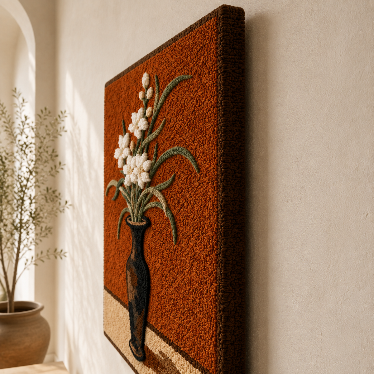 Hewn Earth wall art featuring a vibrant orchid in a vase, showcasing detailed botanical illustration on a neutral background.