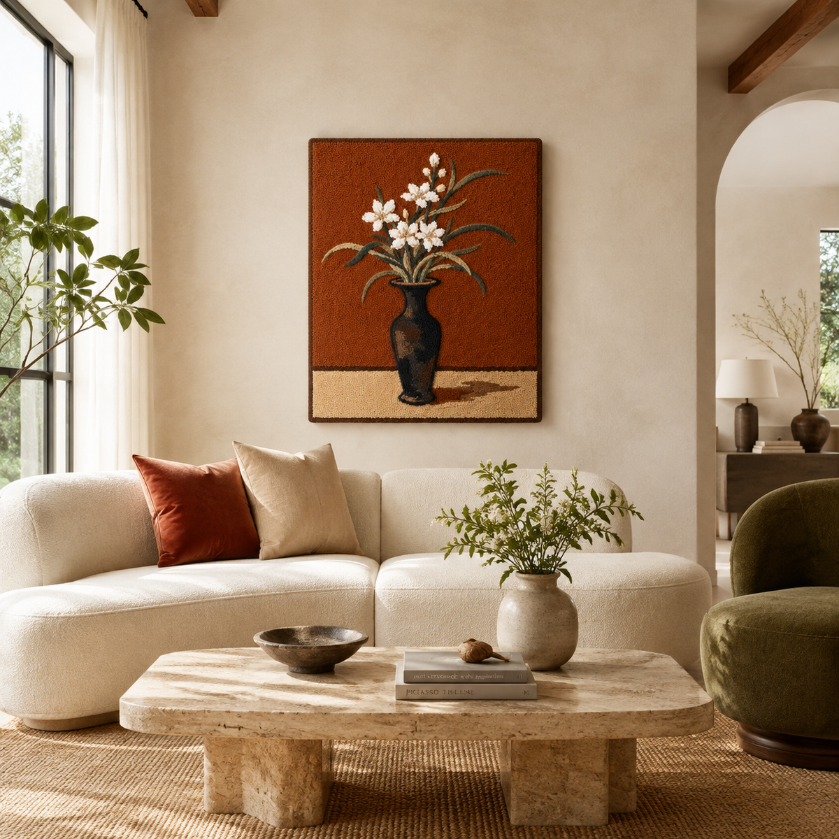 Hewn Earth wall art featuring a vibrant orchid in a glass vase, perfect for decorative floral wall decor.
