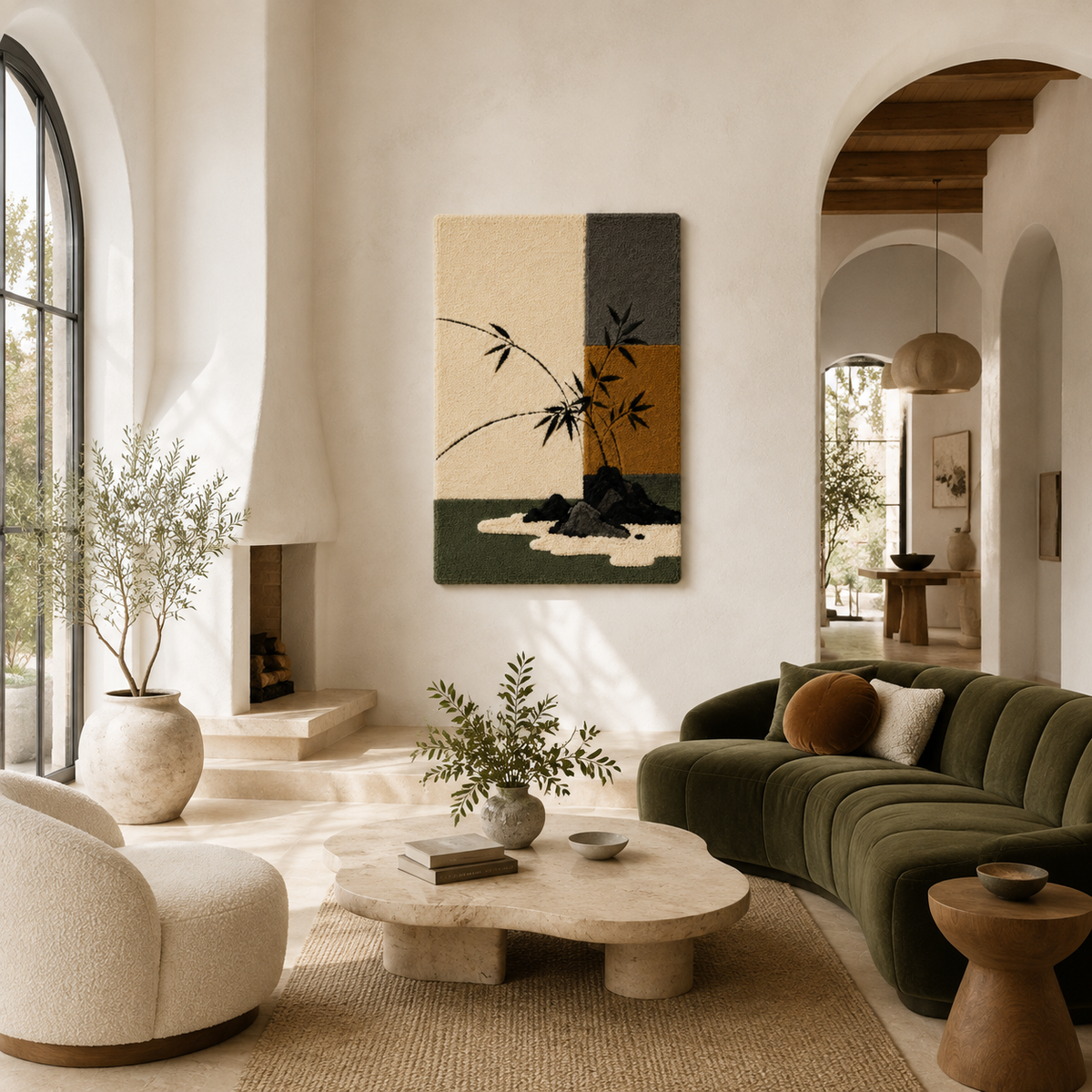 Hewn Earth Bamboo & Stone wall art, modern abstract design in natural tones, decorative home decor piece.