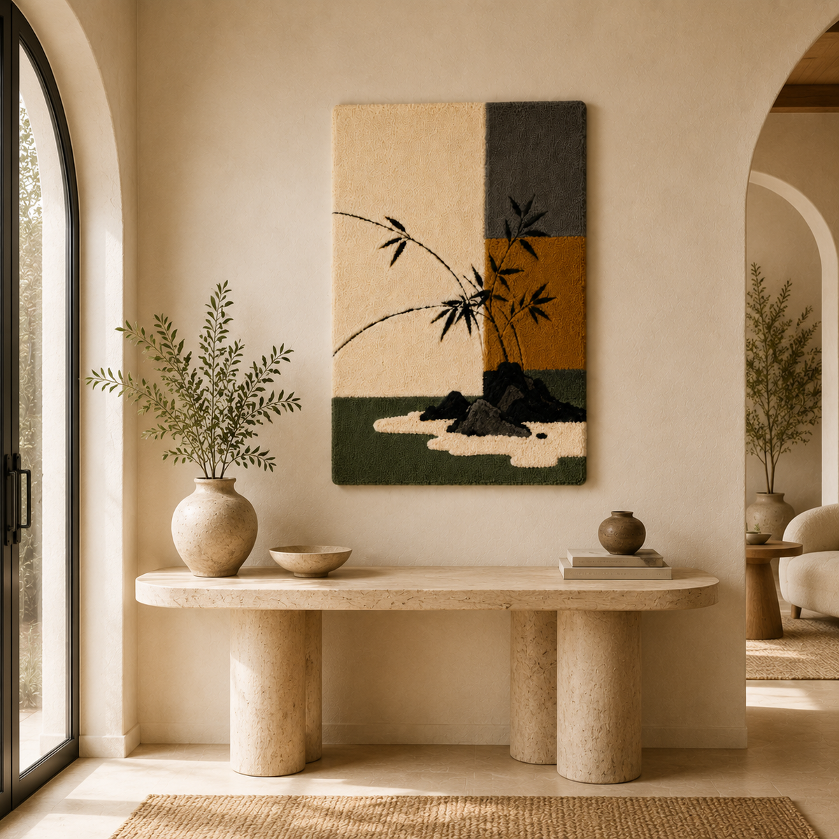 Hewn Earth Bamboo and Stone wall art, HE-0209, featuring natural bamboo and stone textures in a modern design.